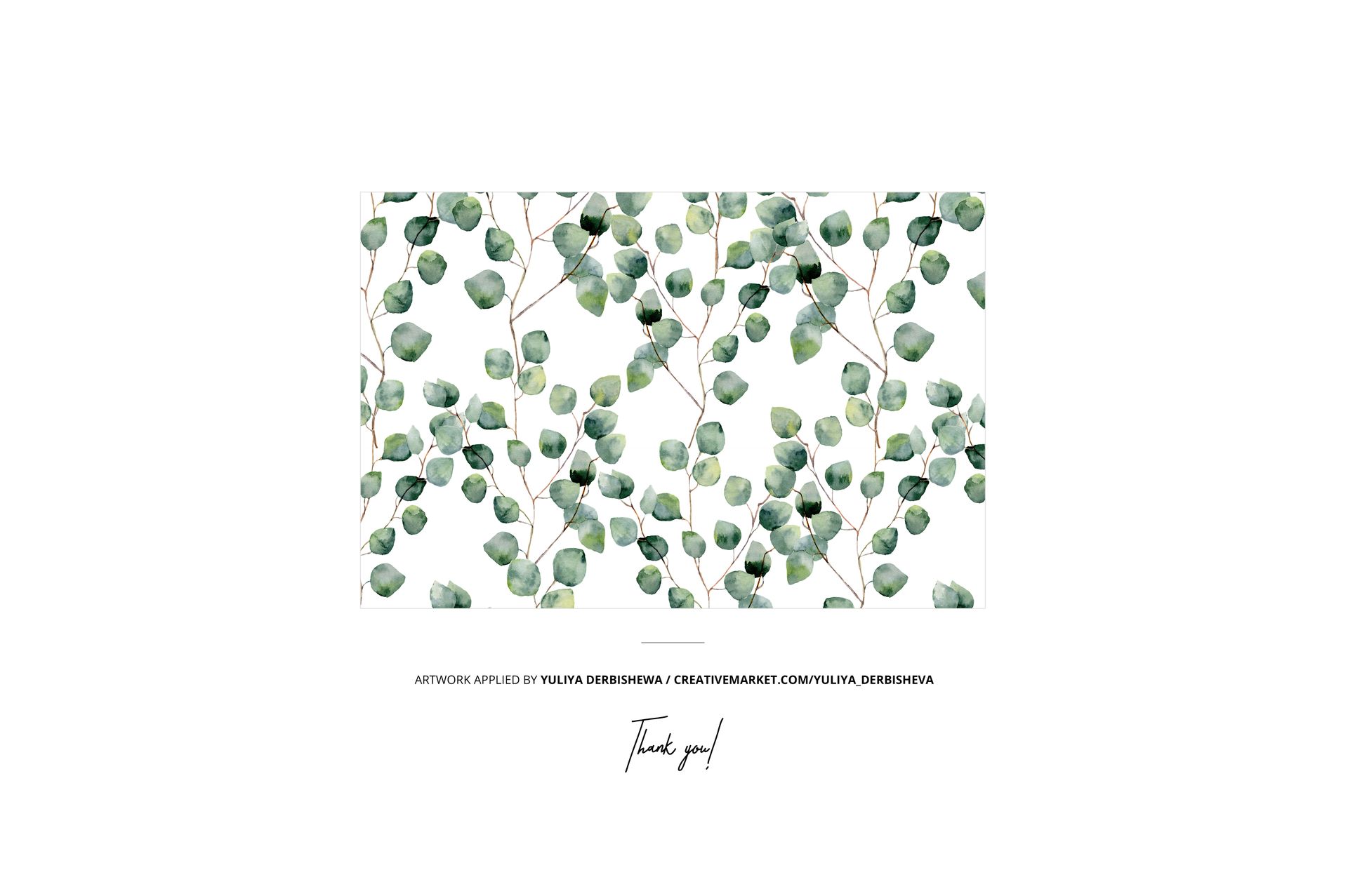 Cotton fabric mockup displayed with watercolor-style green leaves and branches, top-down perspective.