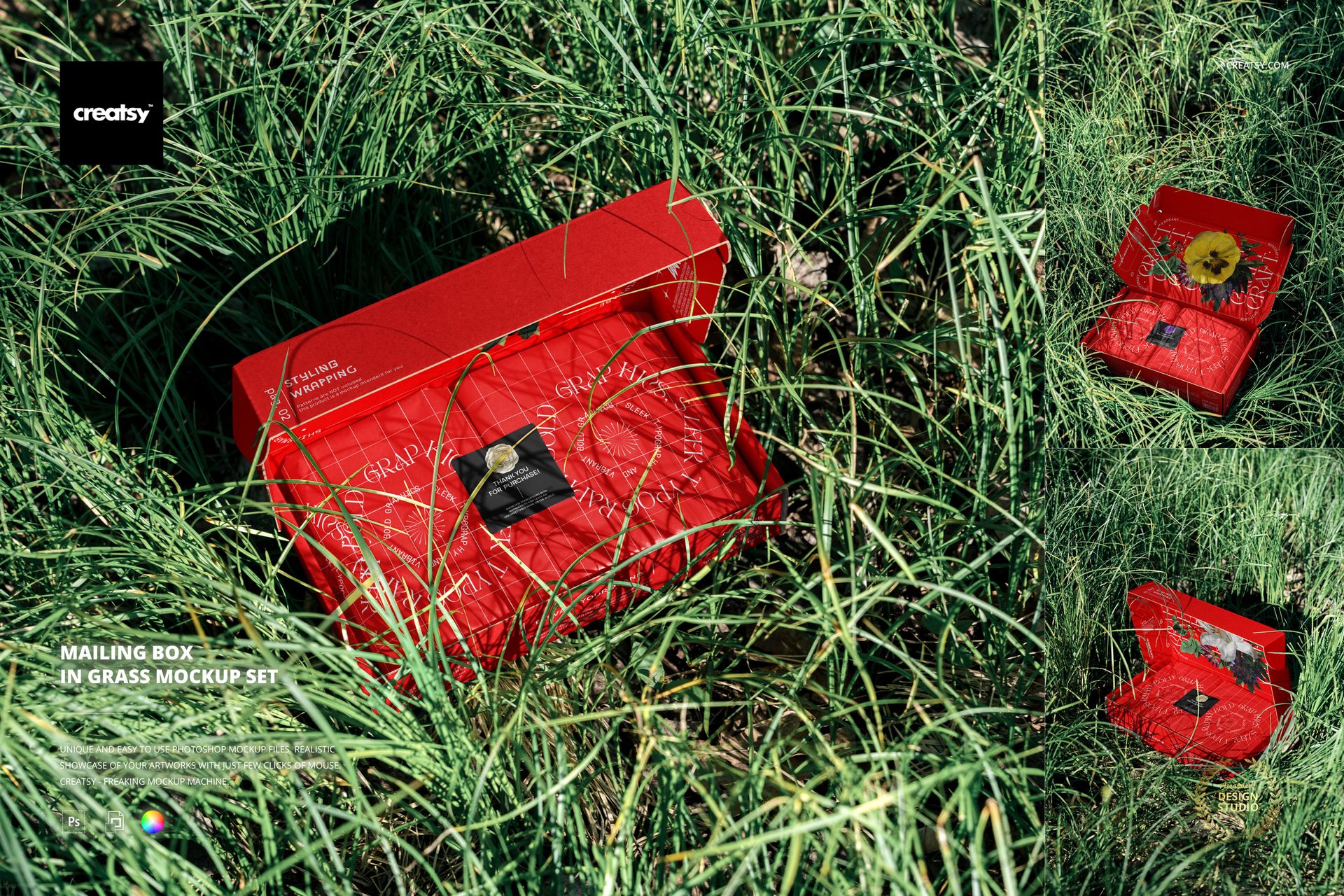 PSD mockup of a rectangular red mailing box with flower graphics, displayed in grassy surroundings from a top view.