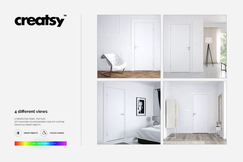 Door murals mockup set showing four interior scenes with white doors, neutral walls, and minimal furniture.