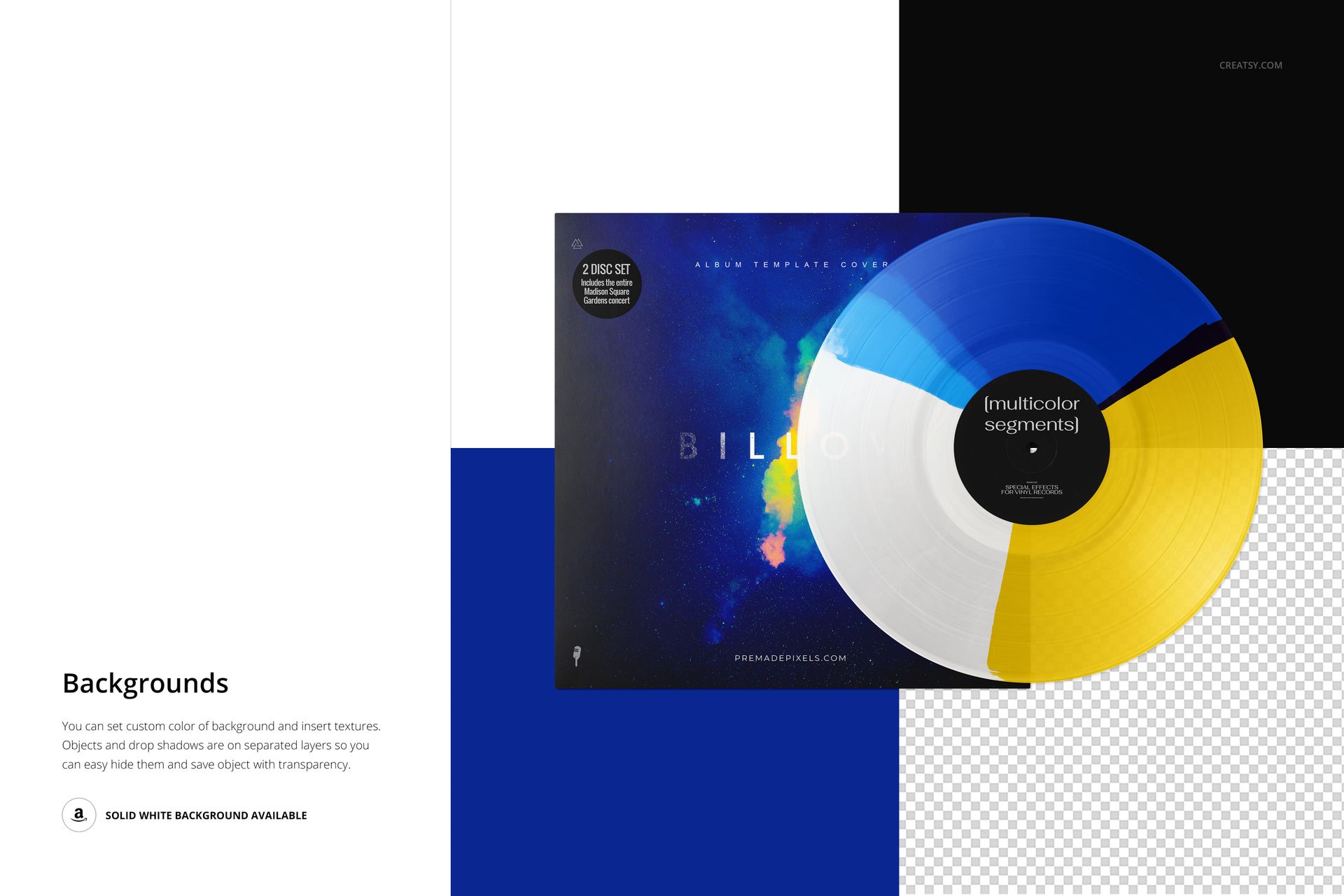 Vinyl record with multicolor segments in blue, yellow, and white displayed next to a matching cover, front view mockup.