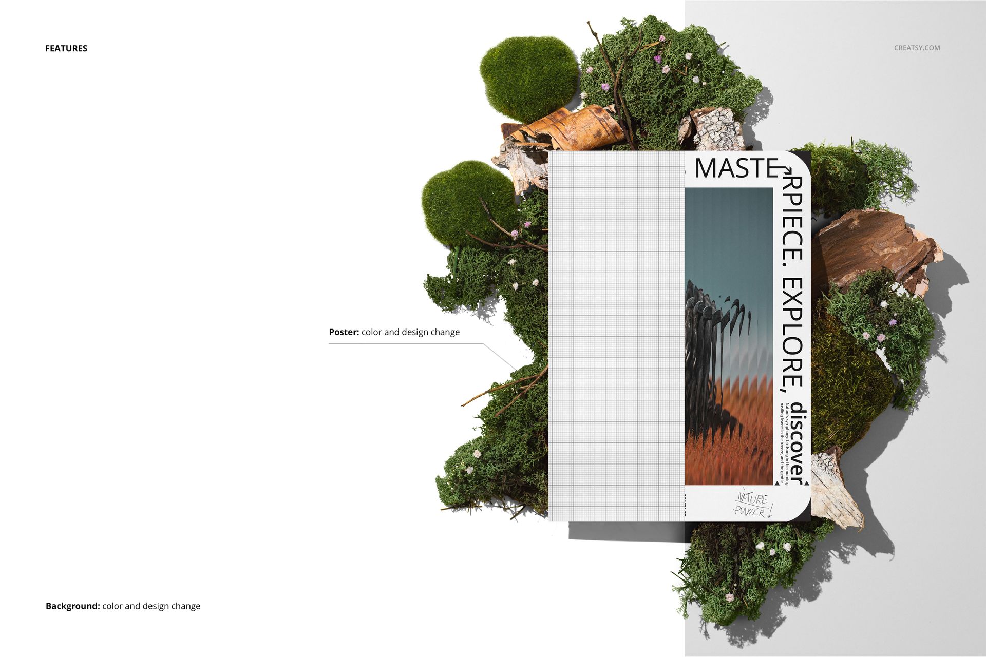 Front view of a nature-themed poster mockup placed on moss, bark, and rocks, with grid and abstract design visible.
