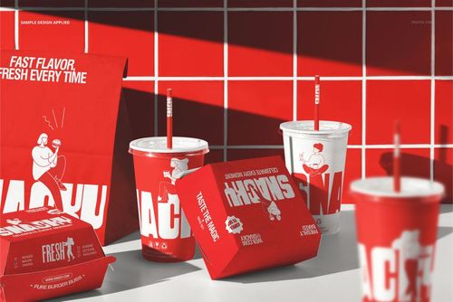 Fast food restaurant burger packaging mockup featuring red containers, cups, and boxes with white graphic designs.