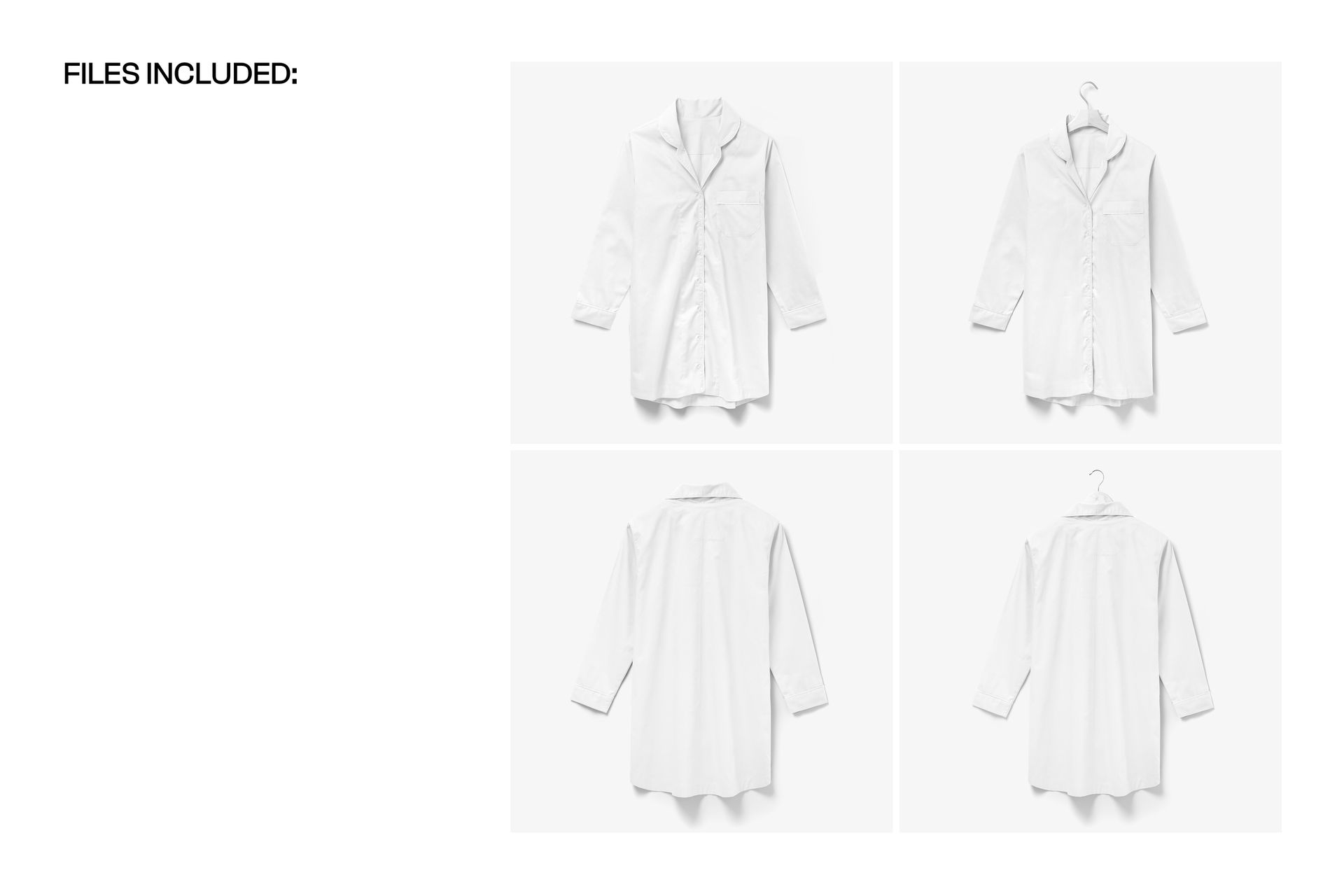 White nightdress mockup displayed in four views, including front, back, and hanging perspectives on a plain background.