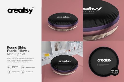 PSD mockup of round pillows with glossy fabric finish, featuring front and top views in a contemporary home scene.