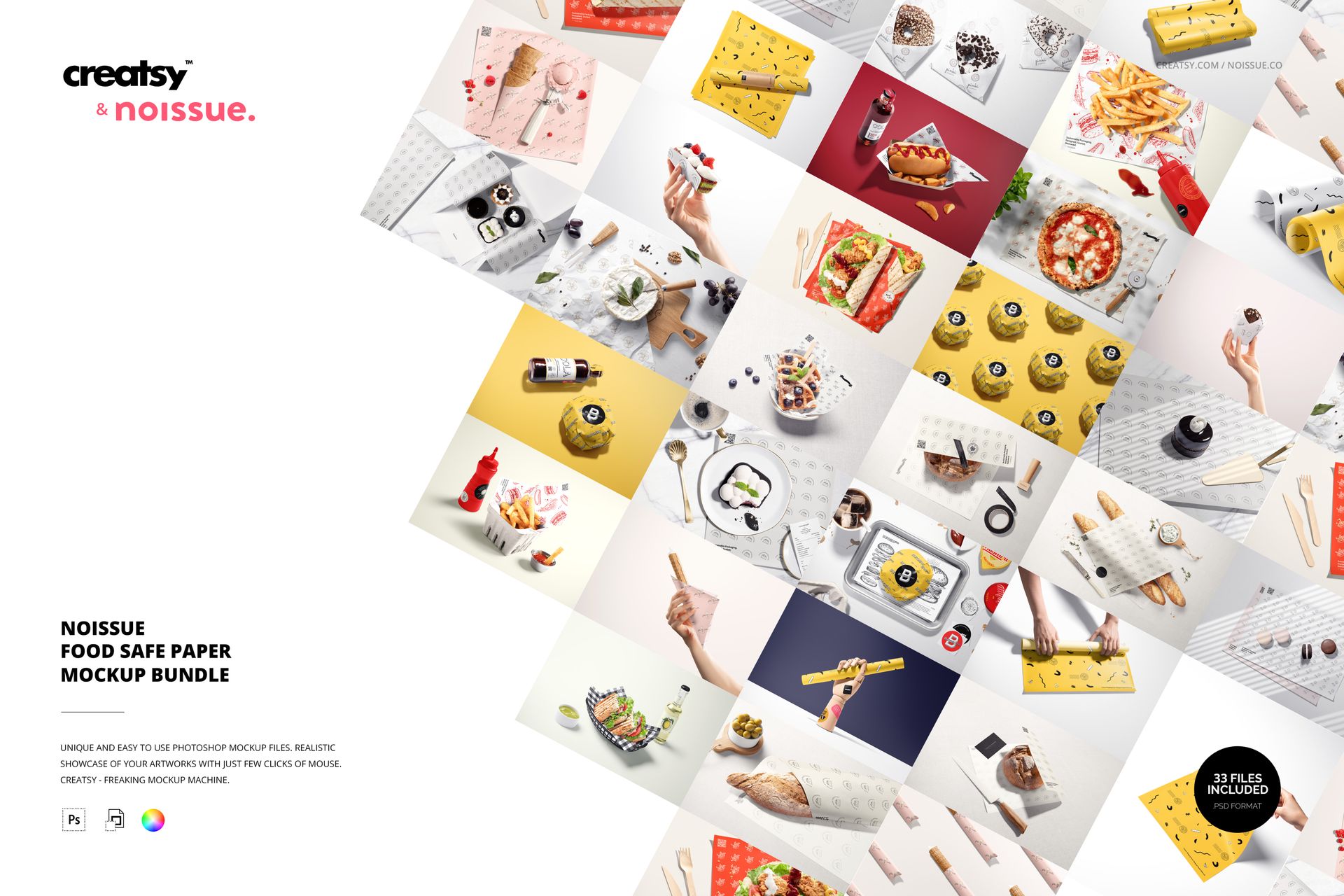 Collage of food packaging mockups featuring various paper wraps and containers with diverse meals and hand props.