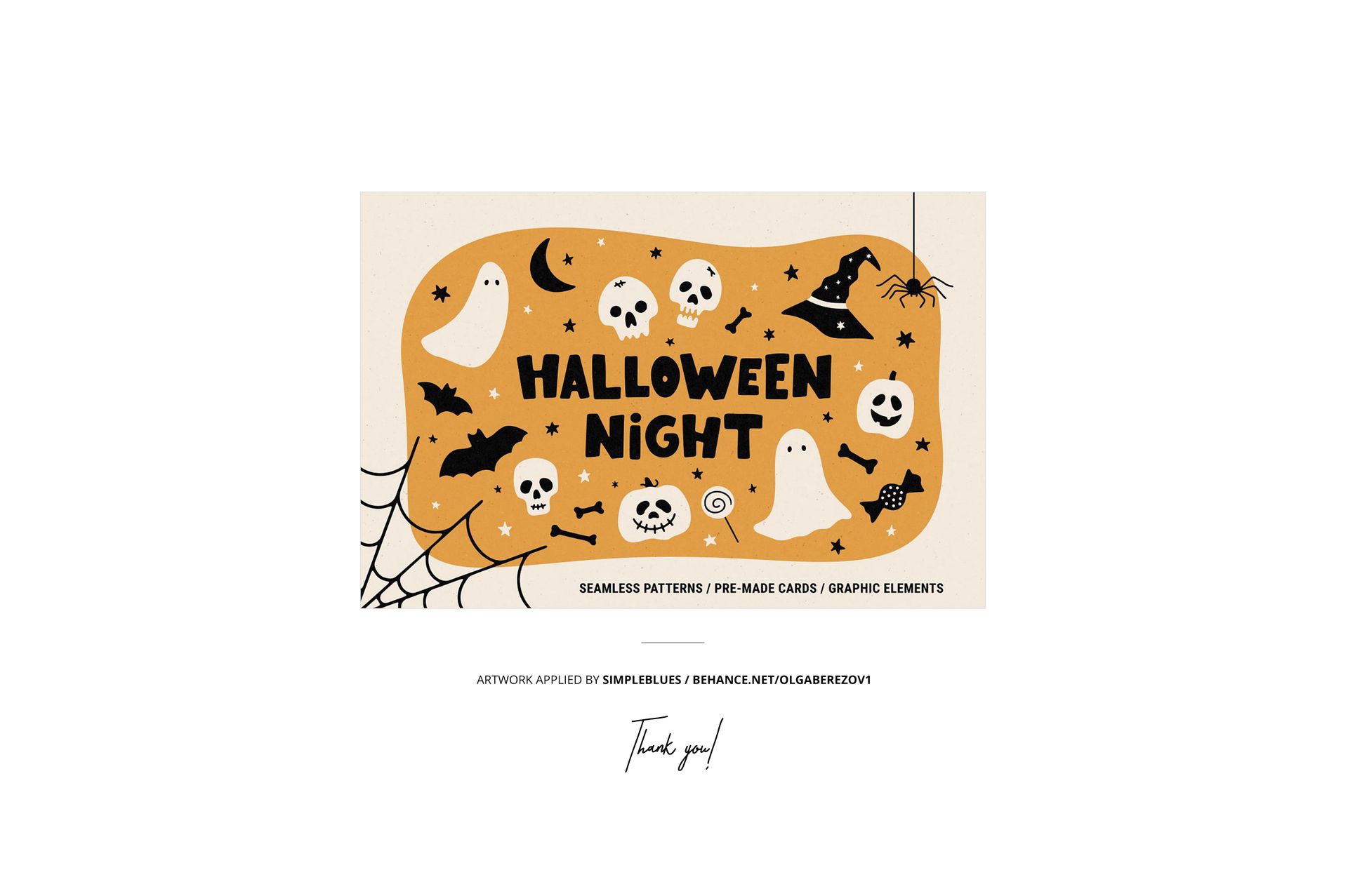 Front view of a Halloween-themed mockup featuring pumpkins, ghosts, skulls, bats, and a witch hat on an orange background.