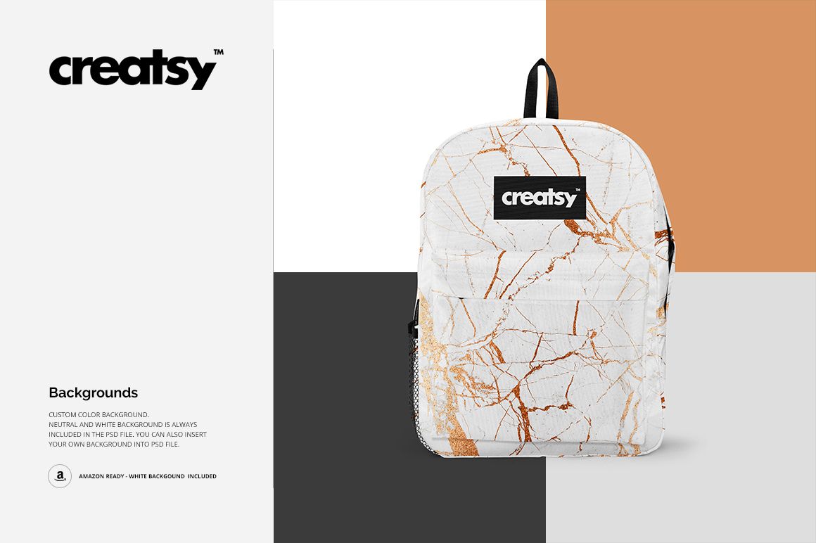 Backpack mockup featuring a white and orange marble design, shown upright with a color-blocked background.