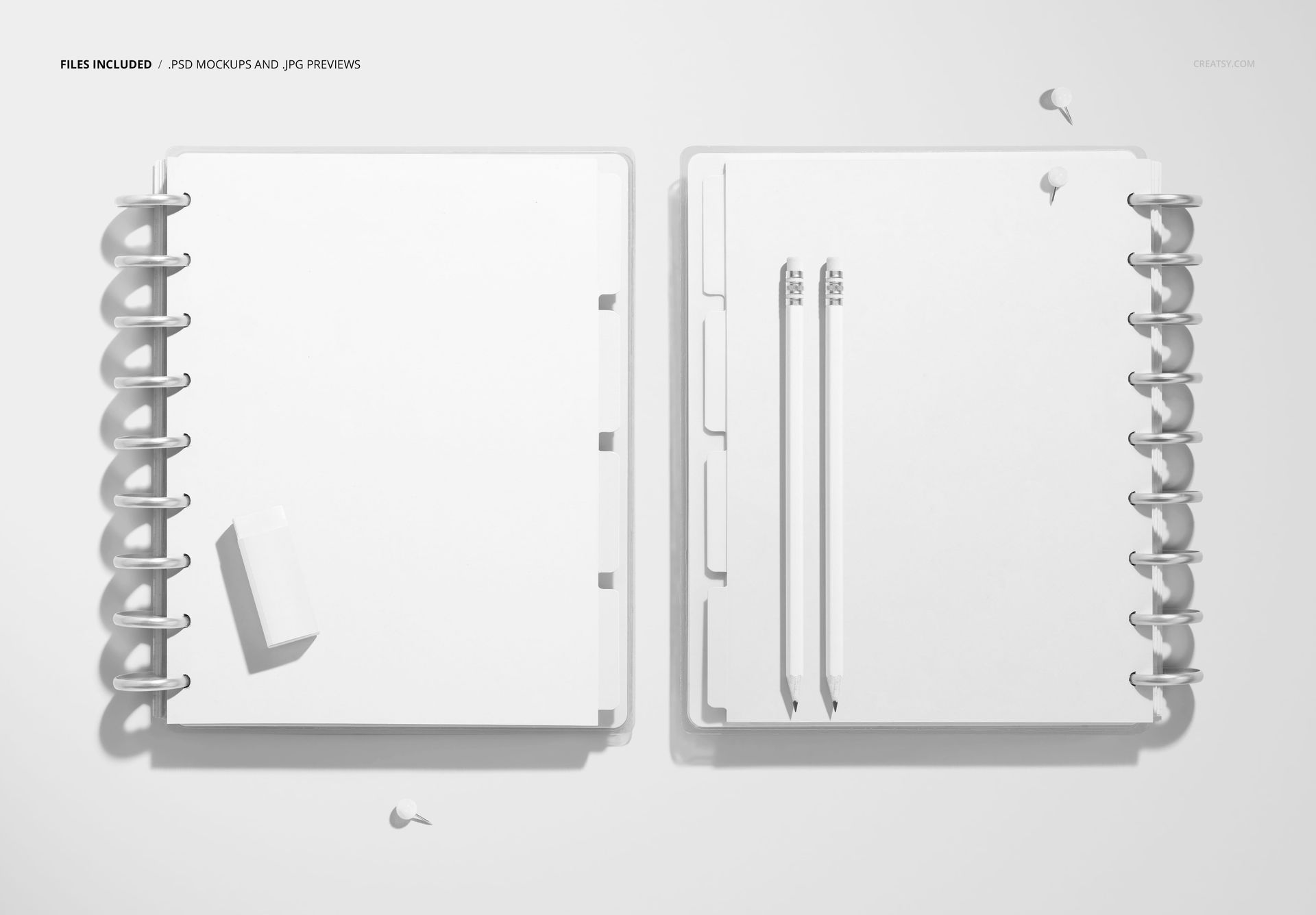 Mockup featuring two open spiral planners with dividers, white covers, and minimal stationery accessories.