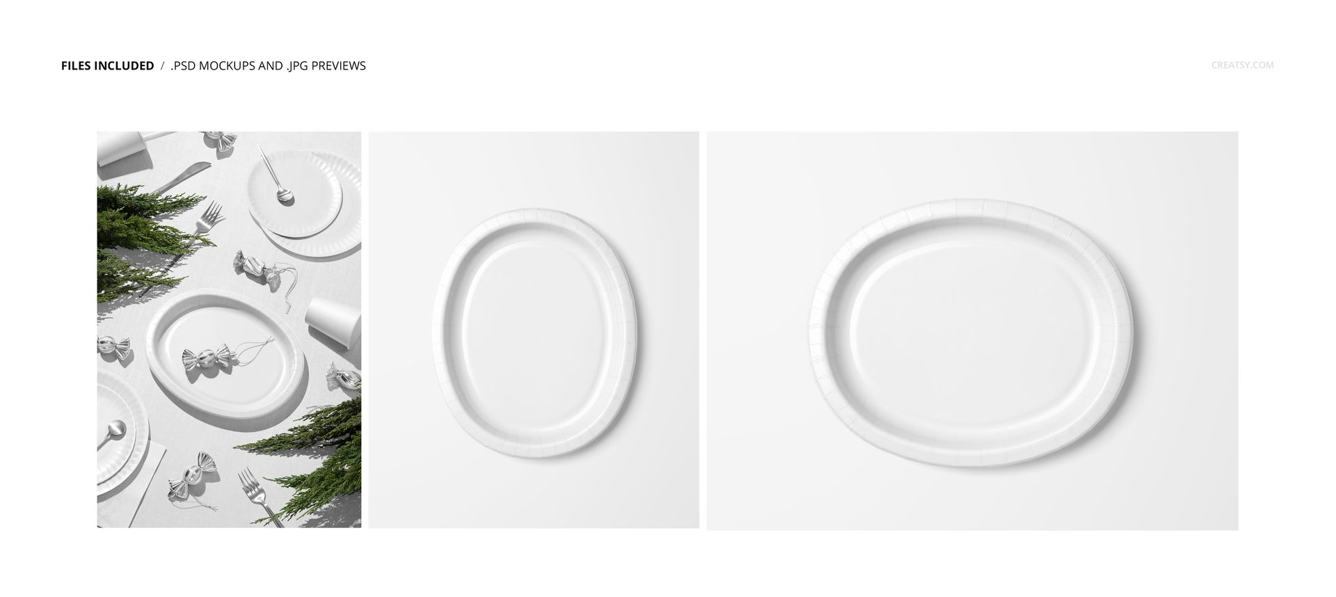 Disposable oval paper platter mockup set featuring a white platter in both a festive table scene and minimalist studio views.