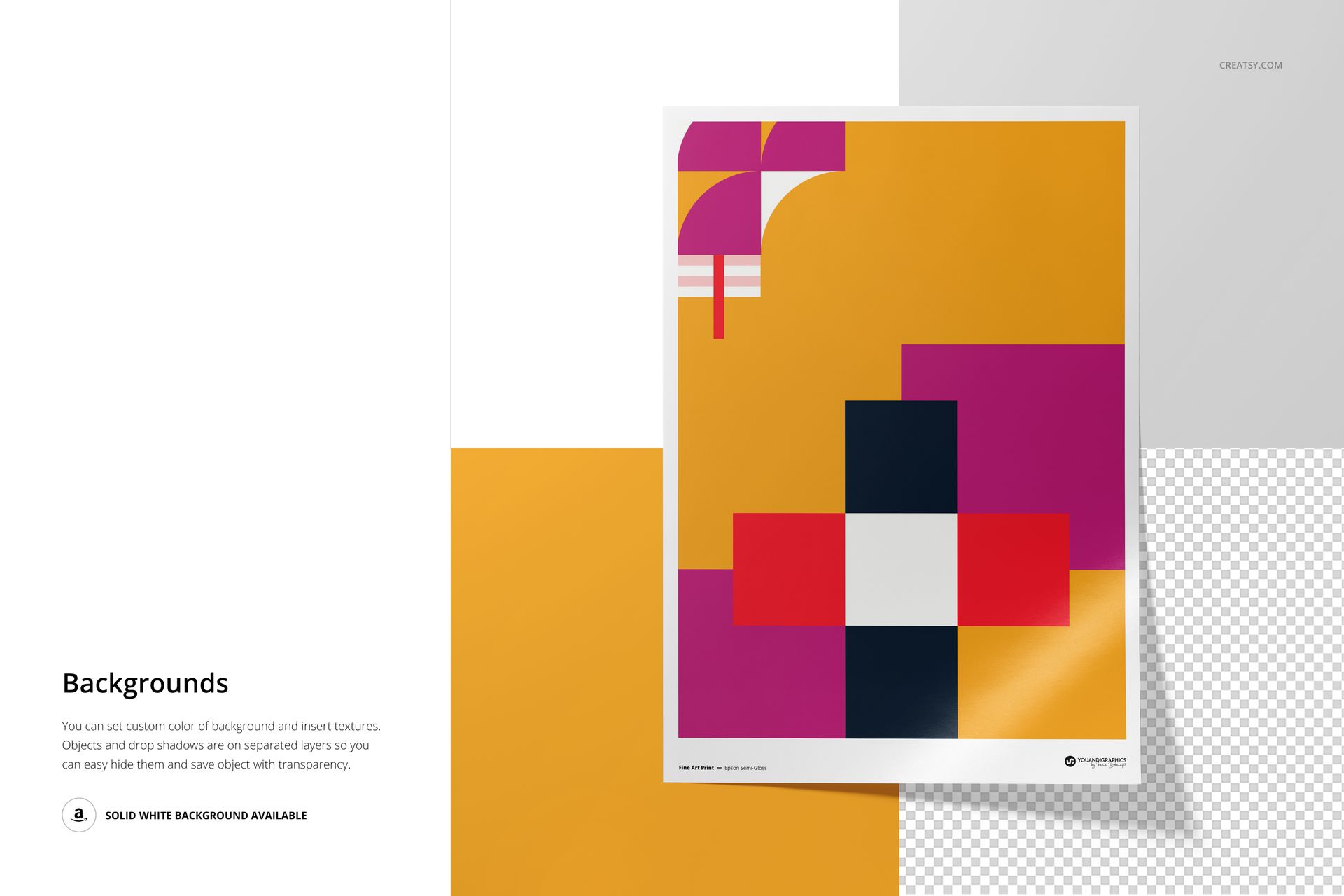 A3 fine art print mockup featuring a geometric abstract design with pink, purple, white, and orange shapes on a yellow background.