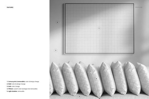 PSD mockup showing multiple velvet pillows with grid patterns placed under a wall-mounted canvas in a minimal room.