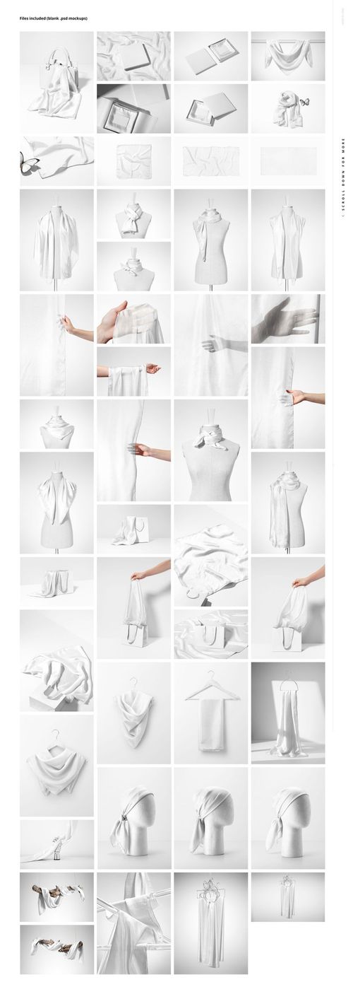 Collection of habotai silk scarf mockup images featuring various folds, drapes, and display arrangements on white backgrounds.