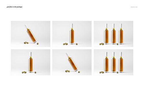 Olive oil bottle mockup set showing tall glass bottles with golden liquid and scattered olives on a white background.