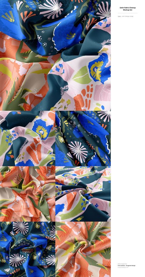 Colorful fabric pieces with abstract floral and leaf patterns, shown in crumpled folds from a top view perspective.