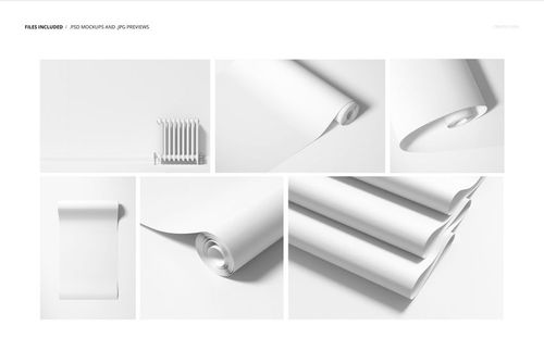 Paper wallpaper mockup set featuring rolled and unrolled sheets in white, shown from various angles on a plain background.