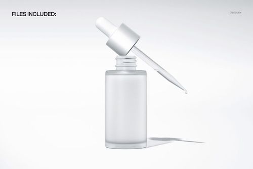 Cosmetic dropper bottle mockup featuring a clear frosted container and silver dropper, displayed in front view.