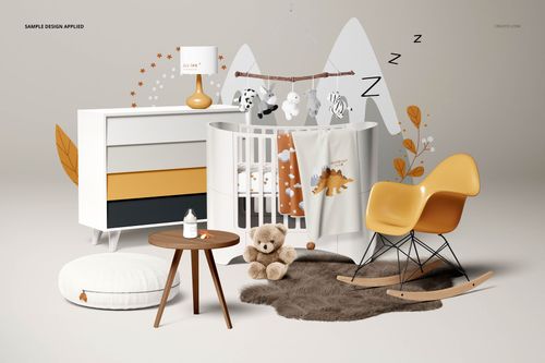 Modern baby room mockup with white crib, dresser, yellow rocking chair, plush teddy bear, and mountain wall decals.
