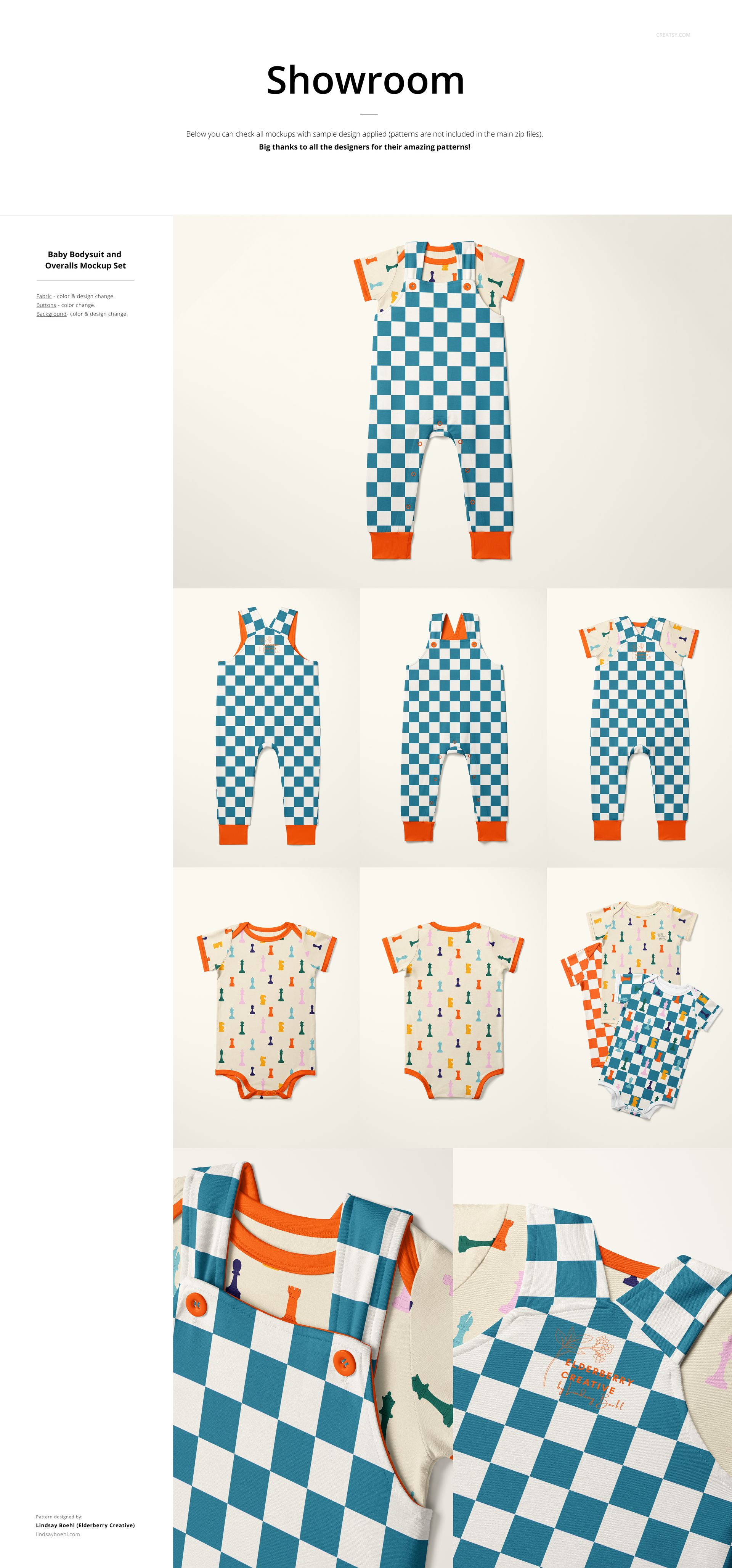 Kids clothing mockup bundle featuring checkered blue and white overalls and patterned bodysuits, front view on neutral background.