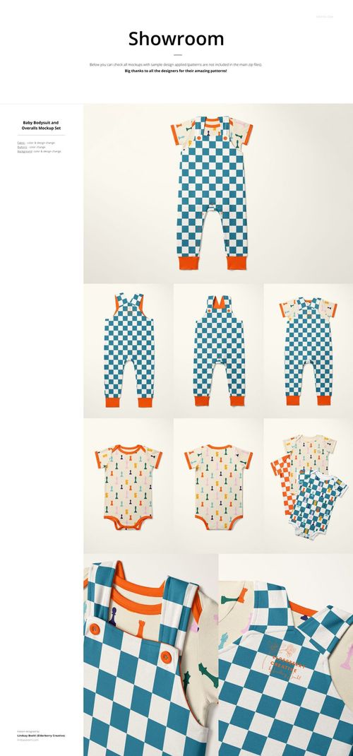 Kids clothing mockup bundle featuring checkered blue and white overalls and patterned bodysuits, front view on neutral background.