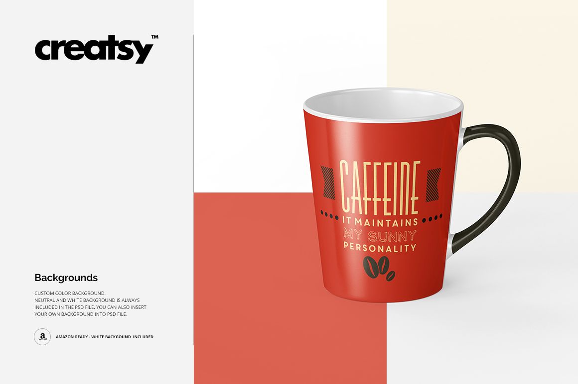 Front view of a 12 oz latte mug with a red design and text, displayed on a split white and coral background.