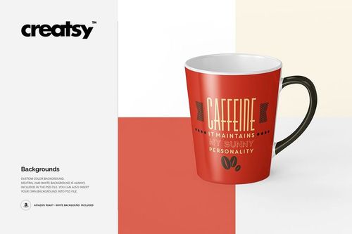 Front view of a 12 oz latte mug with a red design and text, displayed on a split white and coral background.