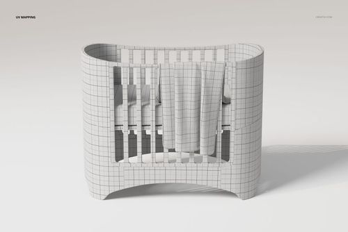 Curved white crib with grid texture, viewed from the front, featuring a small baby blanket draped over the side.