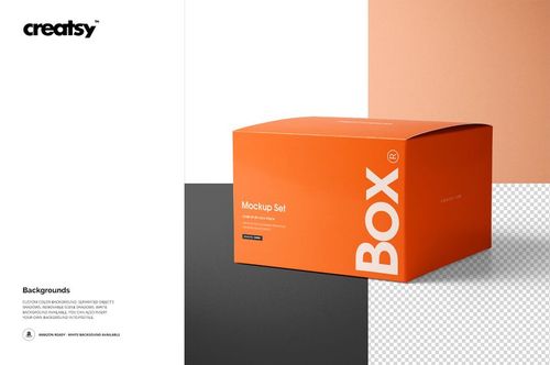 Orange chipboard gift box mockup displayed with a front view, set against black, gray, and white backgrounds.