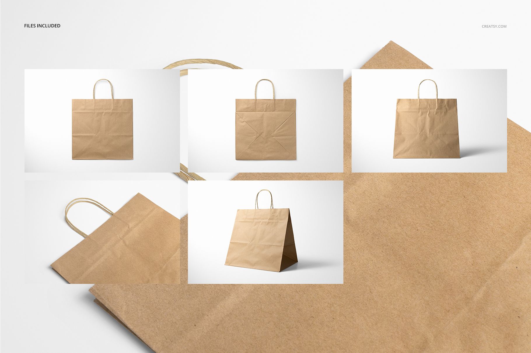 Natural kraft shopping bag mockup set showing a plain brown paper bag with twisted handles on a white background.