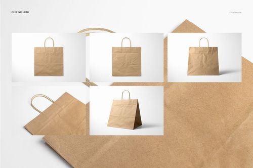 Natural kraft shopping bag mockup set showing a plain brown paper bag with twisted handles on a white background.