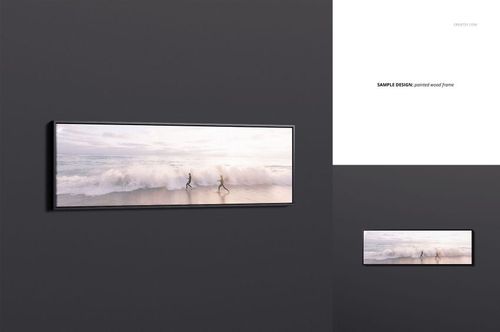 Wide canvas mockup featuring a painted wood floater frame and a soft-toned ocean wave design, front perspective.