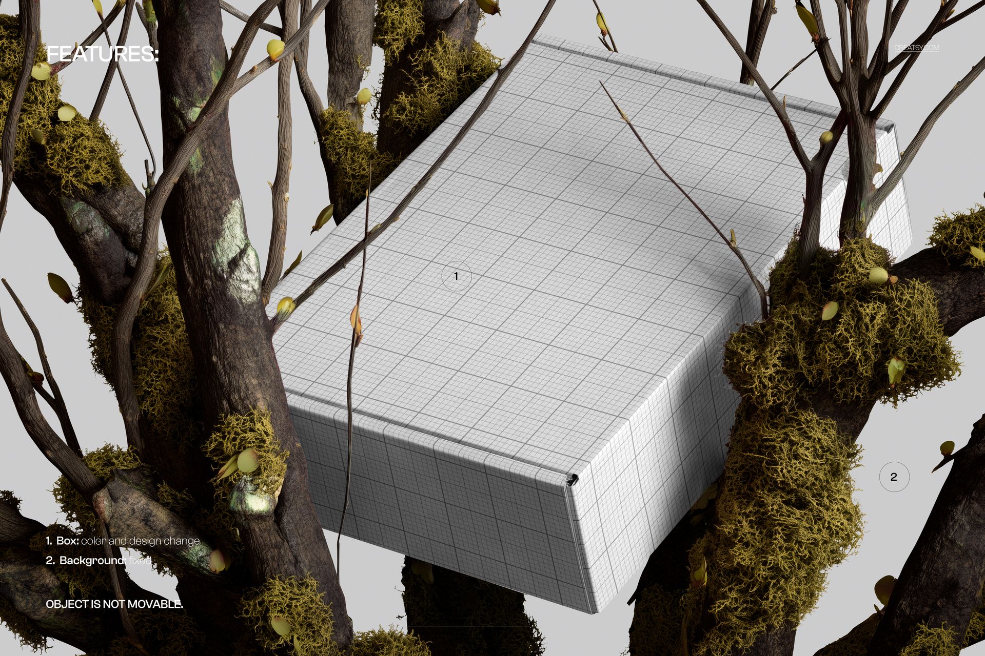 PSD mockup of a kraft mailer box with a grid overlay, positioned in moss-covered branches from a top angle.