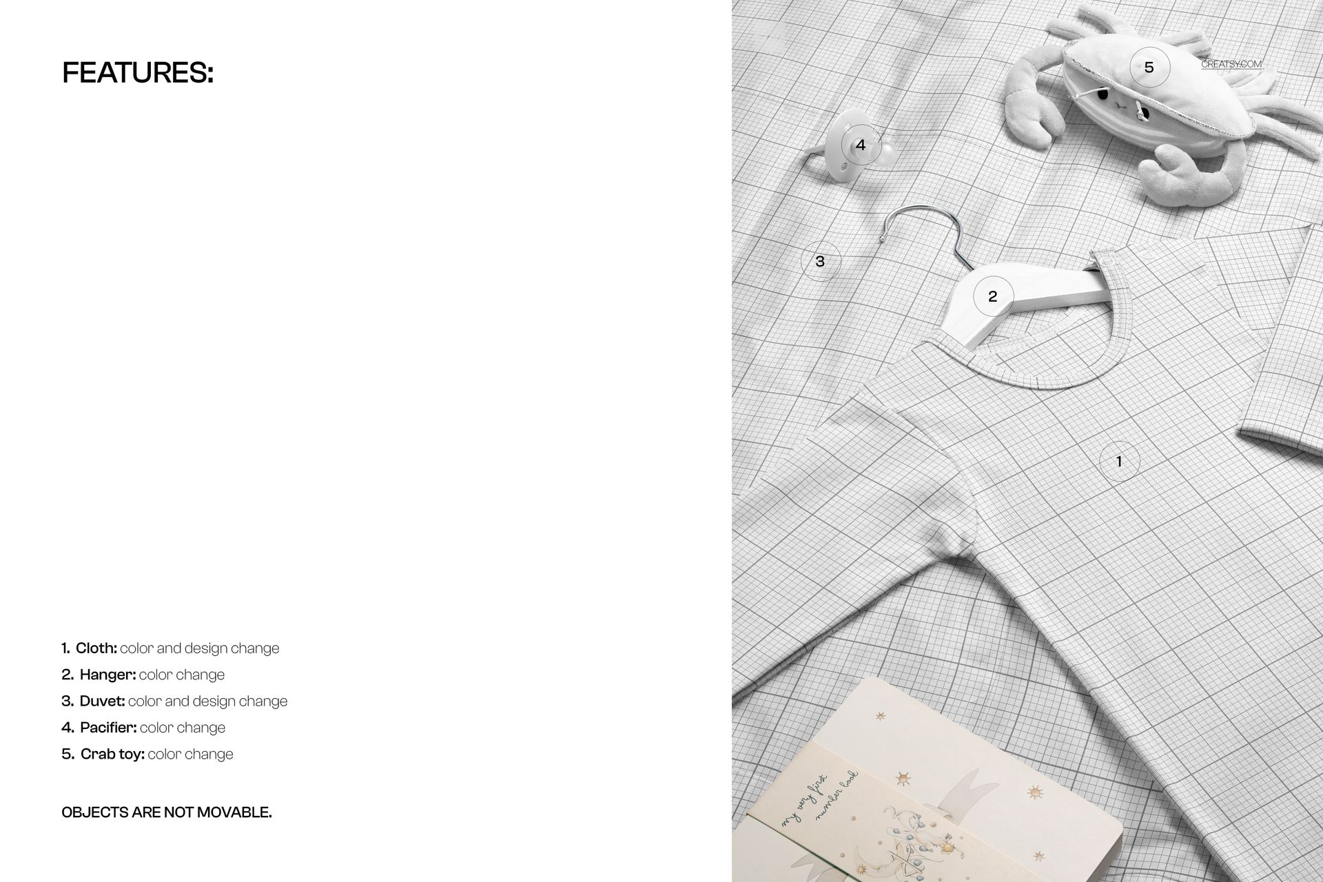 Top view of a baby knotted gown mockup laid out on a quilt with a subtle grid pattern and soft neutral colors.