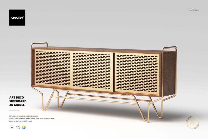 Art Deco sideboard with geometric perforated gold doors and metal frame, shown in front view on a light background.