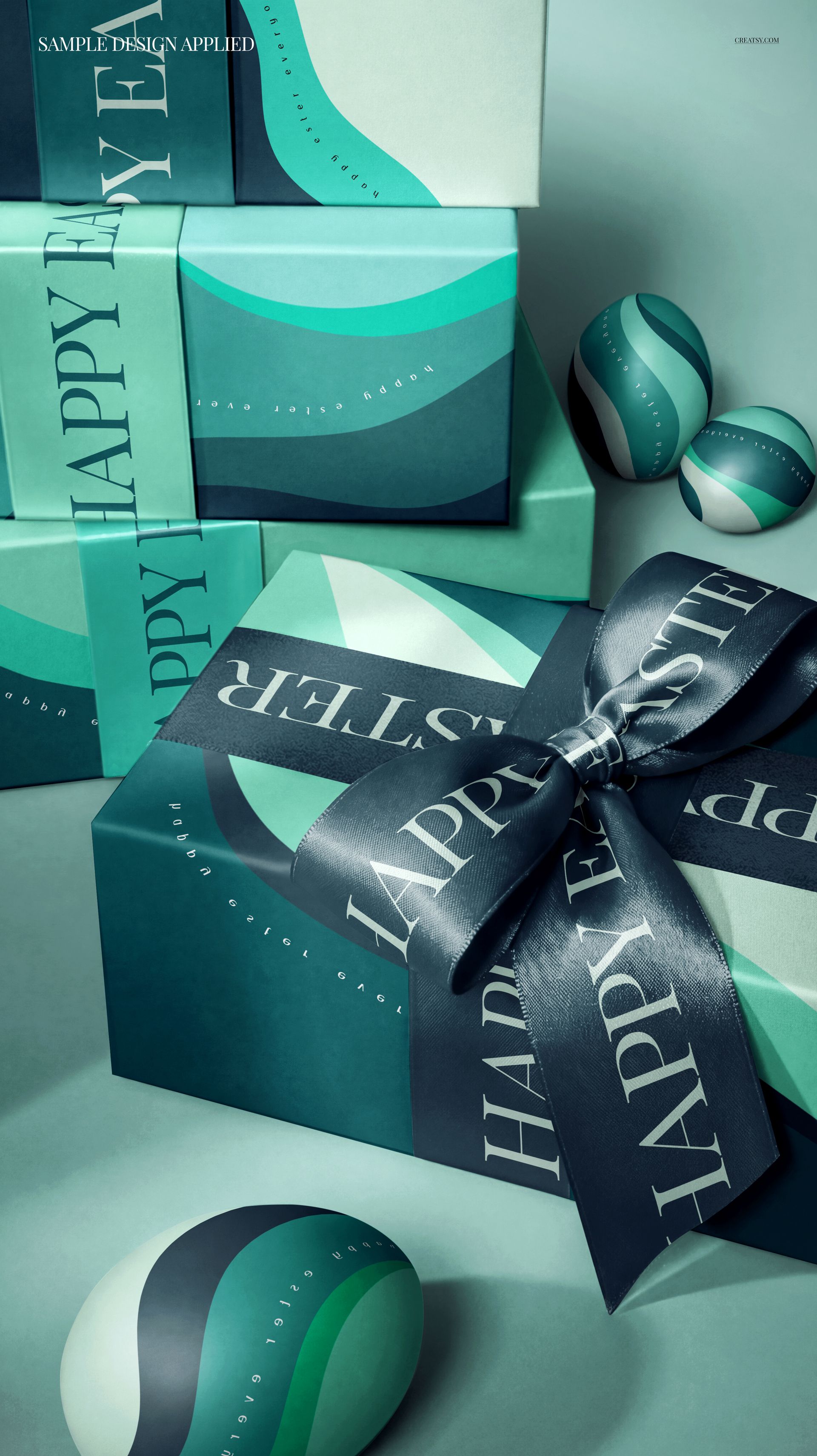 PSD mockup showing stacked Easter gift boxes with bold ribbon and matching eggs in teal and green color scheme.