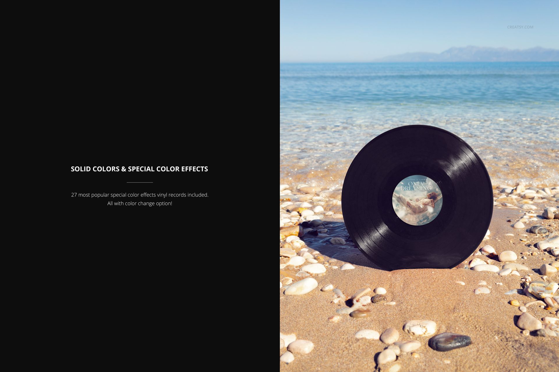 Colored vinyl record mockup displayed on a rocky beach with clear blue sea and distant mountains in the background.