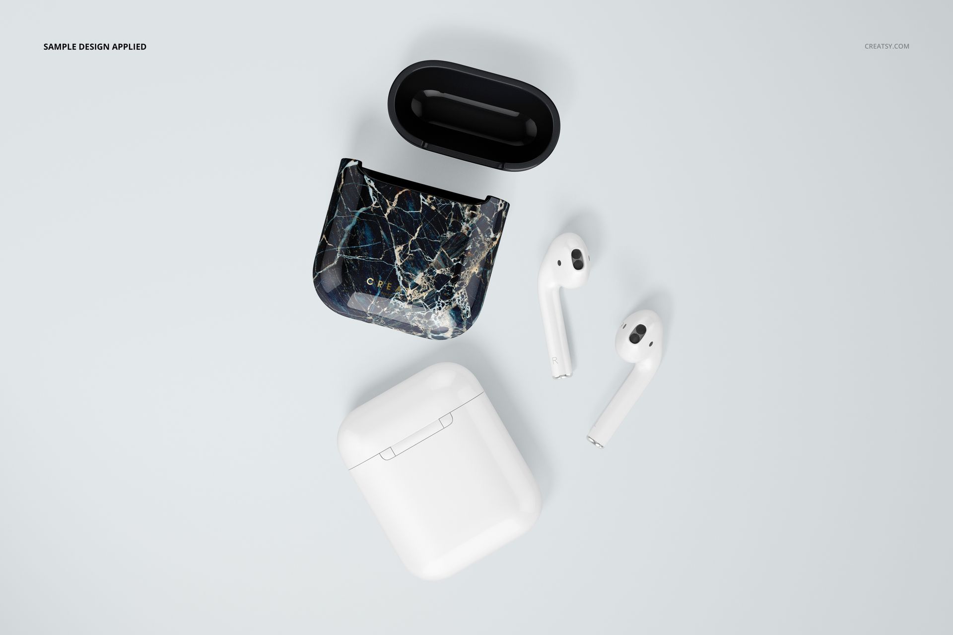 AirPods case mockup set featuring an open case with marble pattern, closed white case, and two AirPods on white background.