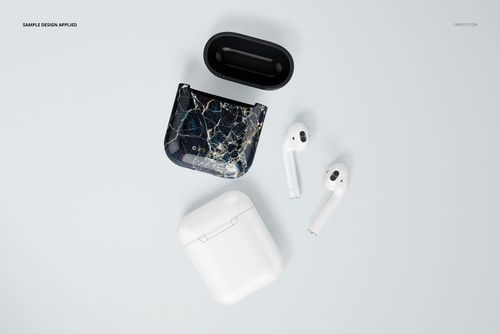 AirPods case mockup set featuring an open case with marble pattern, closed white case, and two AirPods on white background.