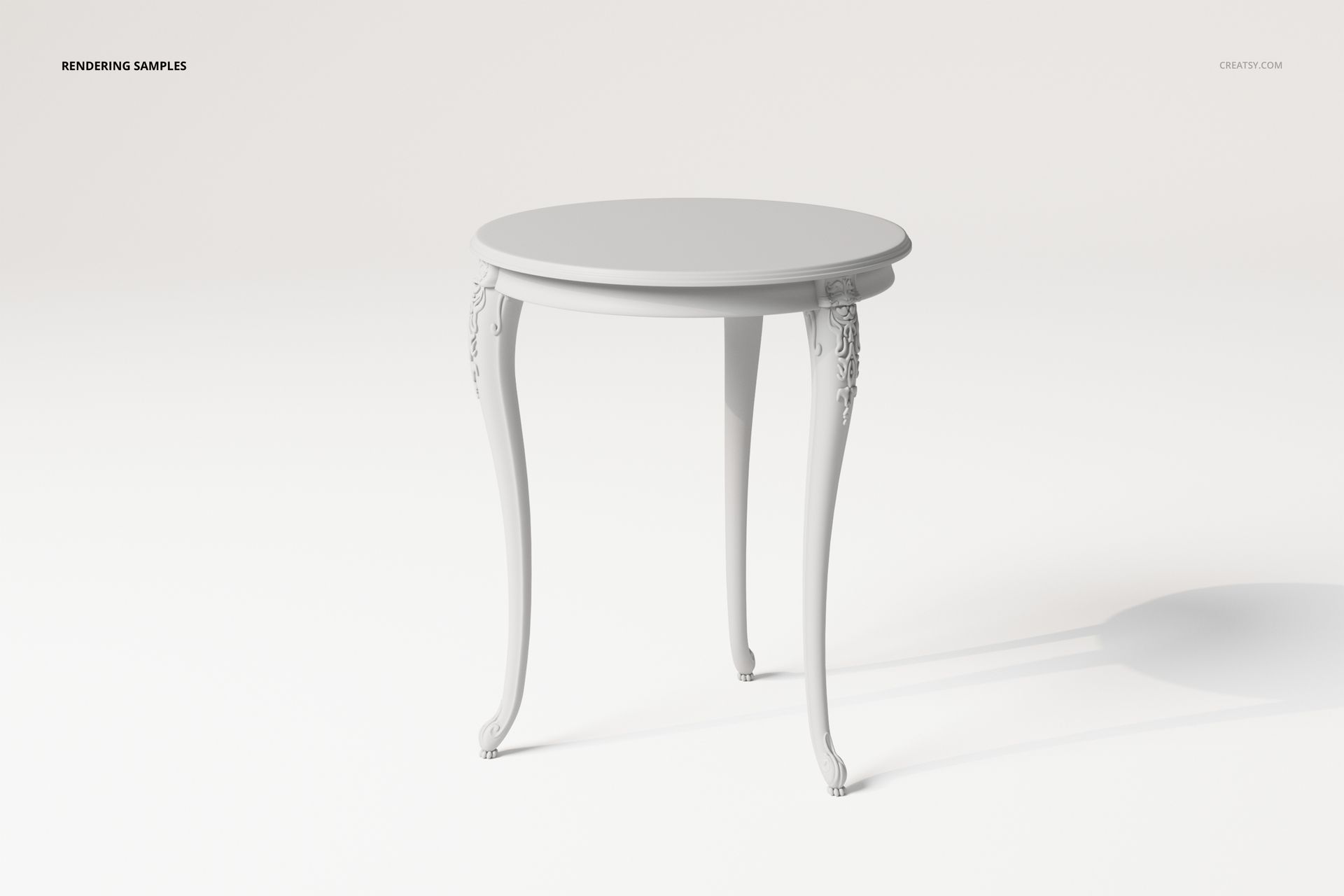 Round carved vintage side table with ornate legs, shown in a light gray color on a plain white background.