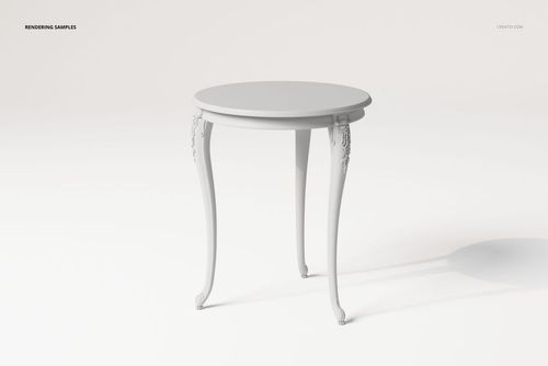 Round carved vintage side table with ornate legs, shown in a light gray color on a plain white background.