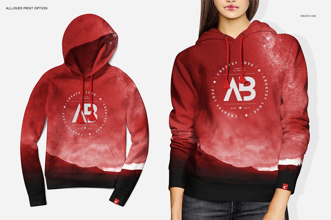 Front view of a women’s hoodie mockup in red and black gradient with white graphic text, shown on a model and flat lay.
