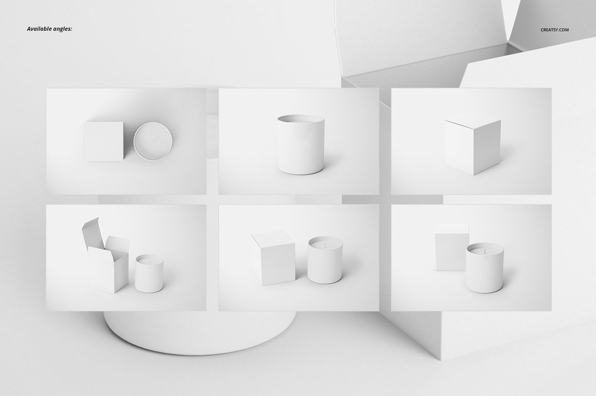 Set of six candle mockup scenes featuring white cylindrical candles and square boxes on a plain light background.