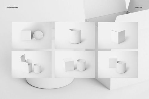 Set of six candle mockup scenes featuring white cylindrical candles and square boxes on a plain light background.