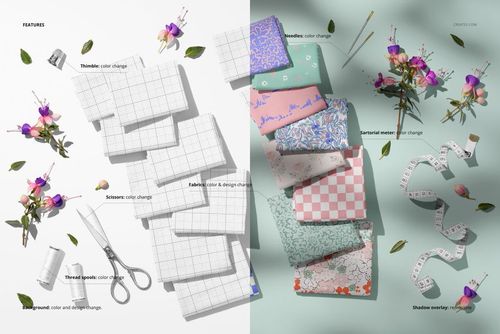 Jersey fabrics mockup displaying stacked fabric pieces with floral patterns, sewing tools, and scattered flowers, shown from a top view.