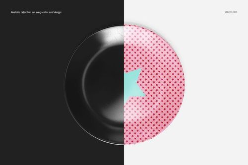 Round melamine plate mockup shown from above, featuring a black side and a patterned pink side with a central blue star.