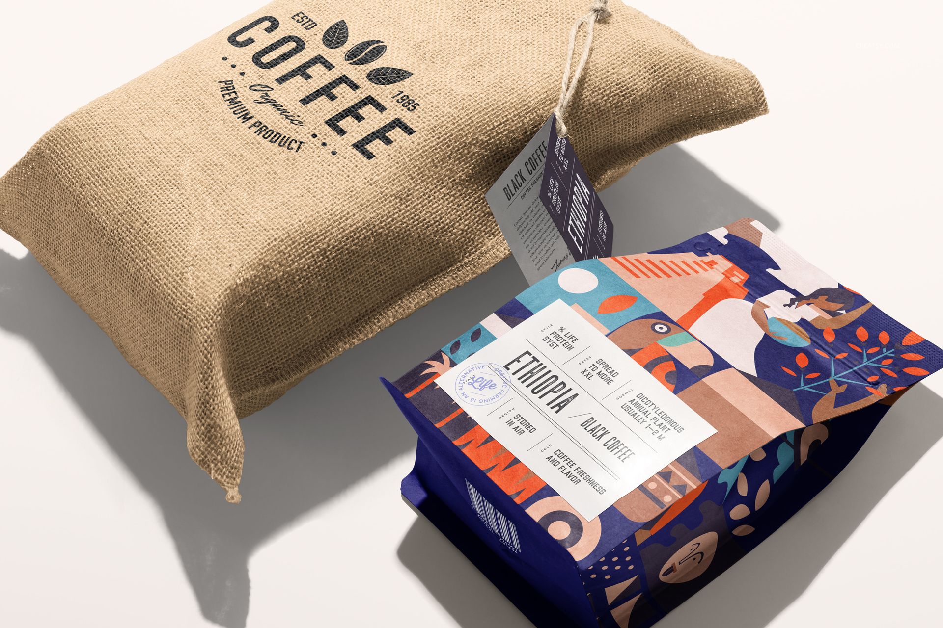 Coffee bag mockup set showing a textured burlap bag and a vibrant illustrated bag with product tags on a light surface.