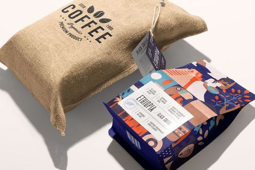 Coffee bag mockup set showing a textured burlap bag and a vibrant illustrated bag with product tags on a light surface.