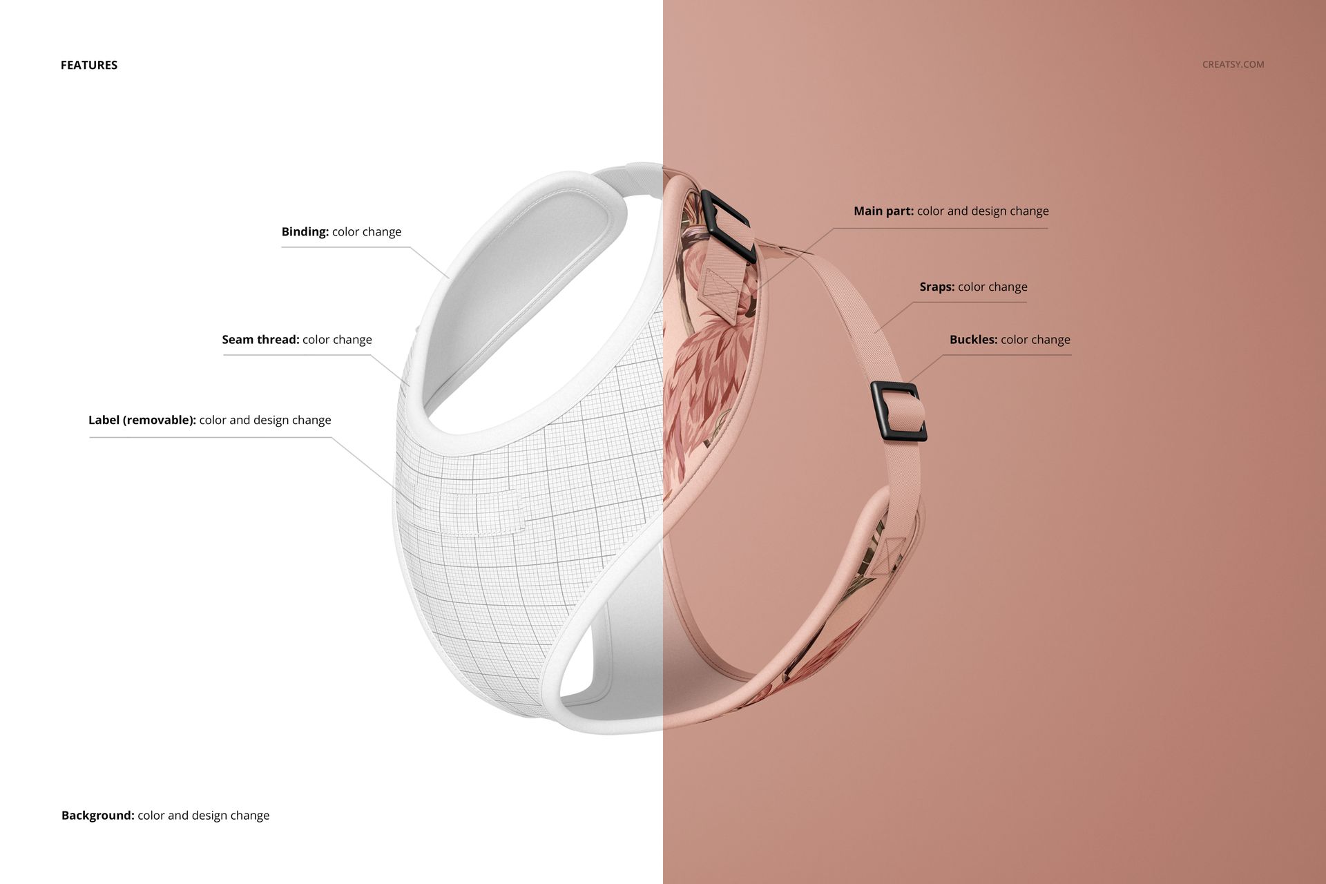 Dog harness mockup shown in split view, left side with grid pattern and right side in pink color, isolated background.