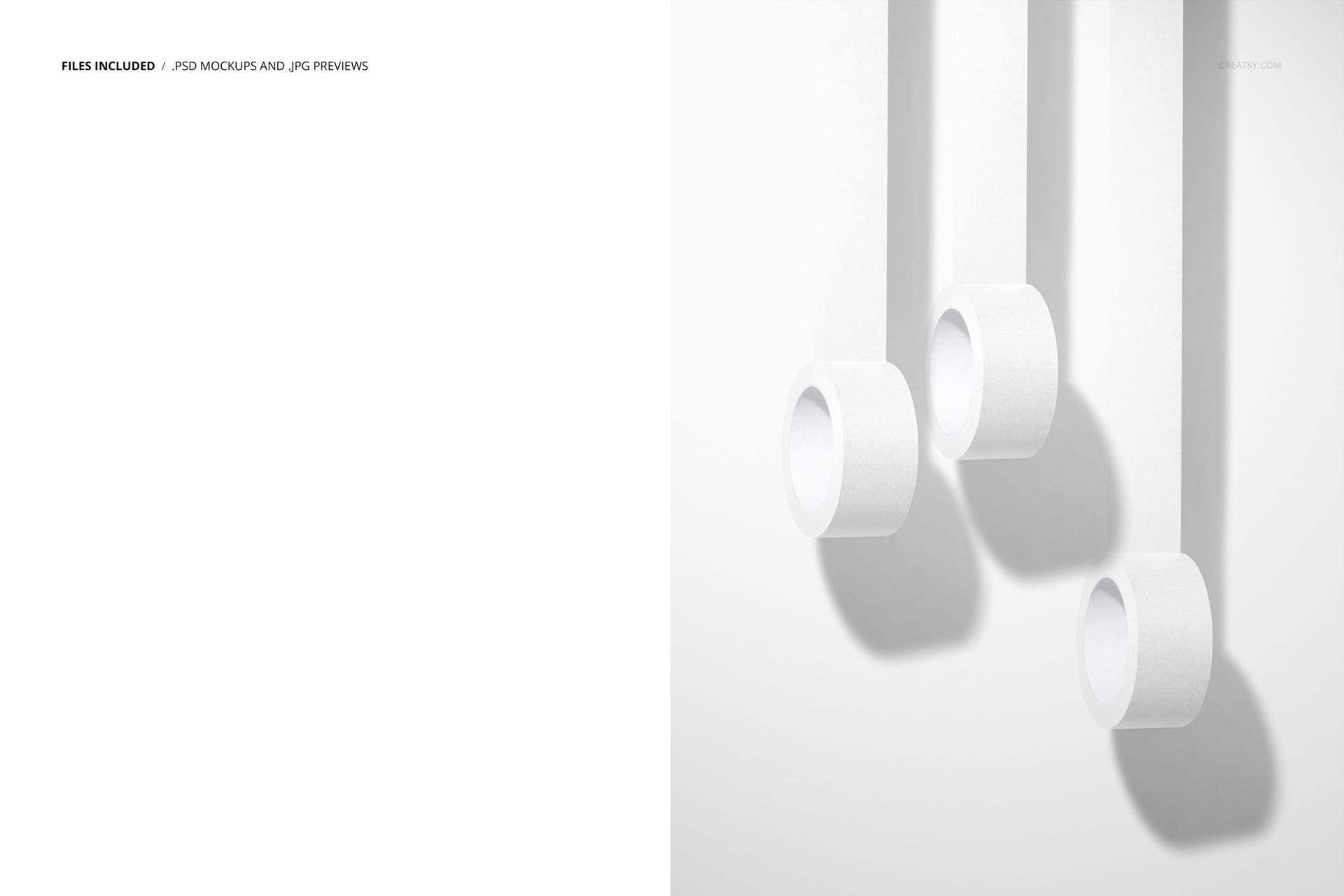 PSD mockup featuring three vertical packaging tape rolls, each casting subtle shadows on a smooth surface.