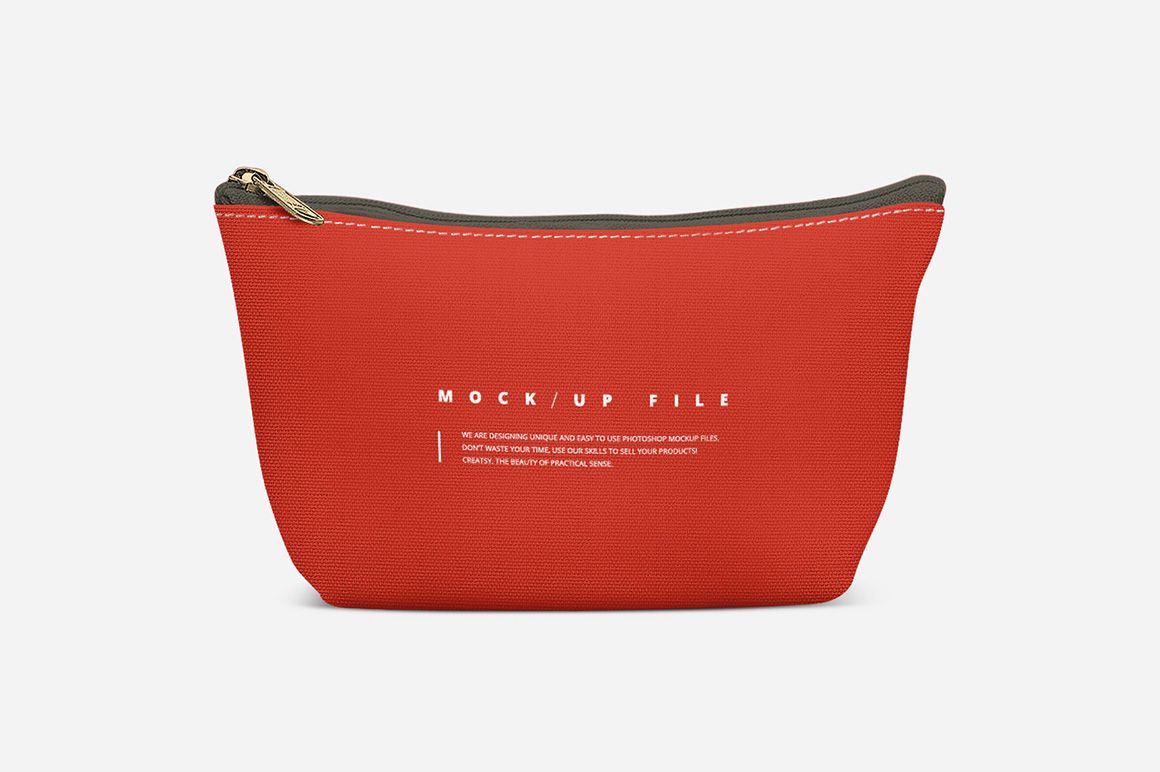 Front view of a red make-up pouch with a zipper, displayed on a neutral white background, PSD mockup style.