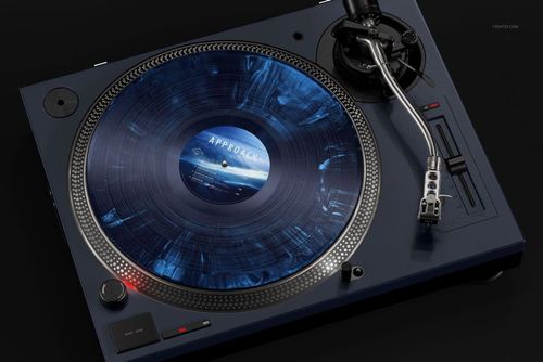 Top view of a vinyl record with blue and black special effects pattern on a dark turntable, DJ edition mockup.